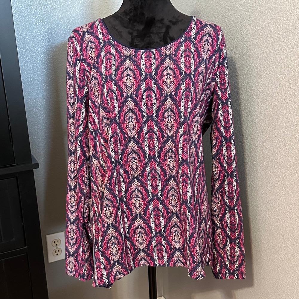 Kim Rogers‎ Top XL Boho Medallion Print Stretch Long Sleeve Indie Artsy
